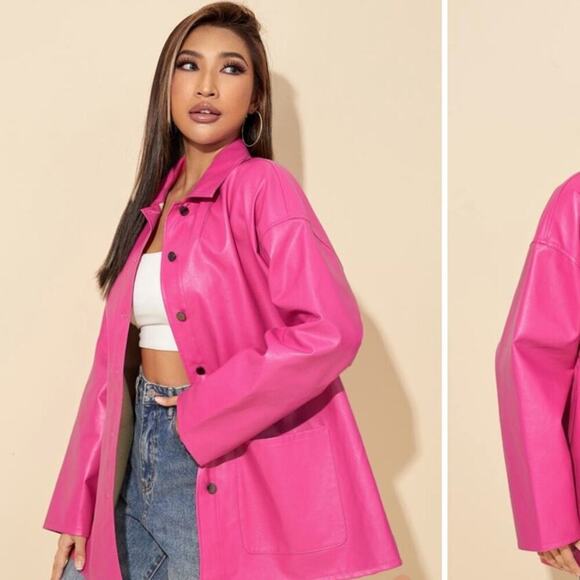 5 for $25 CLEAROUT! Bright Pink Barbiecore Faux Leather Button Up Jacket Size L - Picture 2 of 14